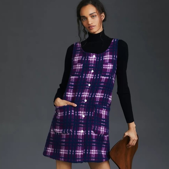 Carleen Plaid Mini Dress Sz S Wool Blend Button Down Pocket Sweater Dress - Picture 1 of 9